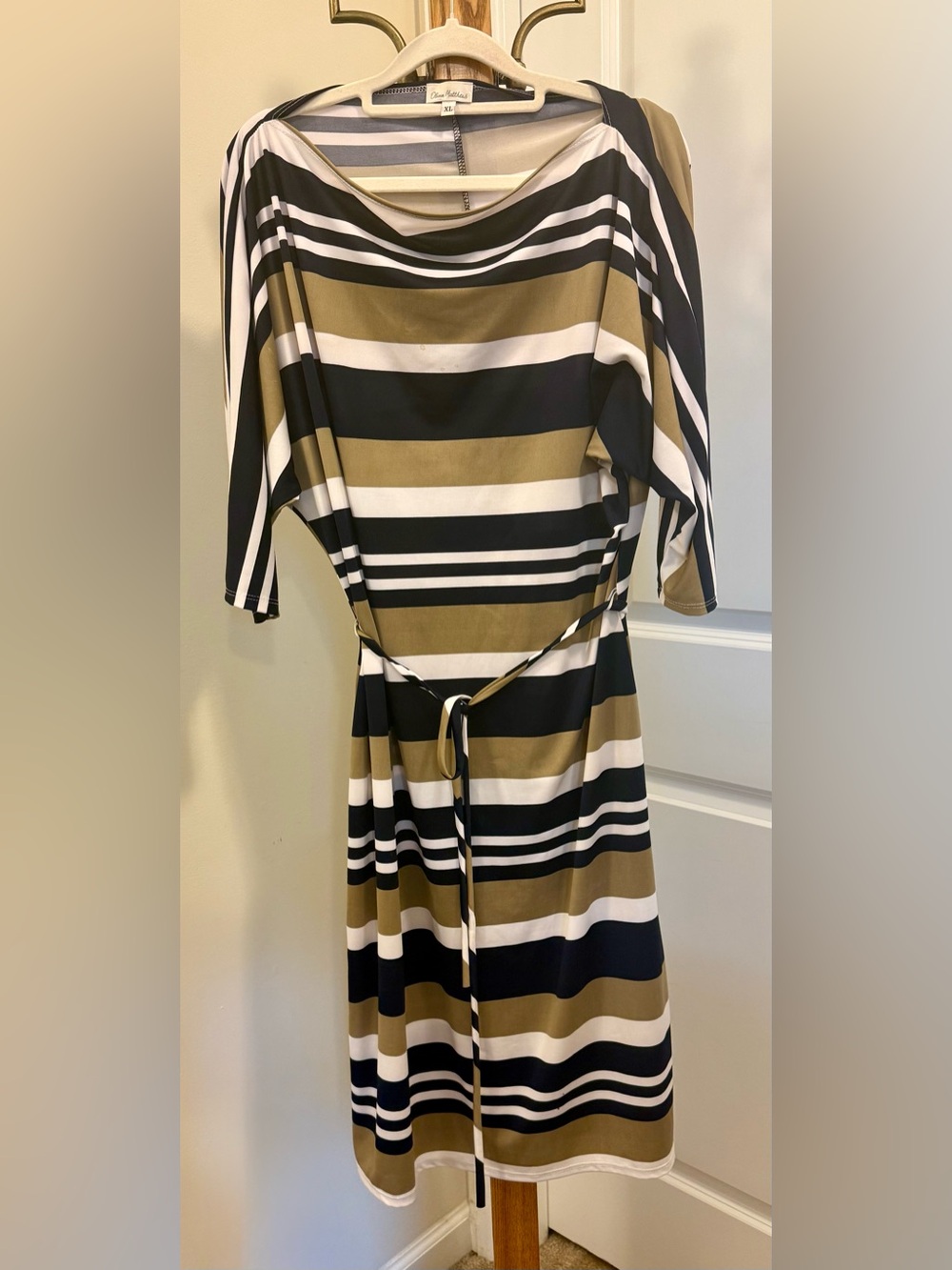 🍓Olivia Matthews Black, White & Olive Striped Midi Dress